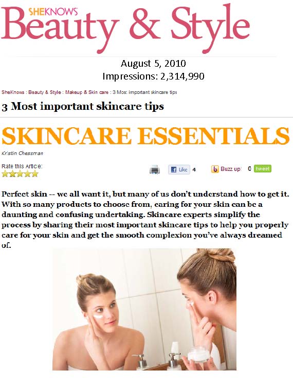 Skincare Tips from Irina Gordon of NYC's Dyanna Spa, Featured on SheKnows.com (Beauty PR)