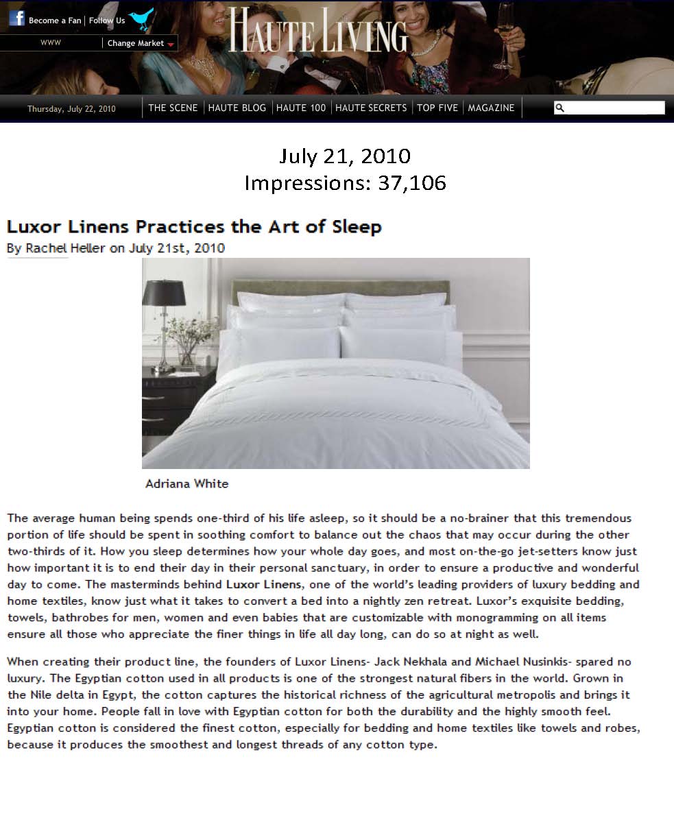 Haute Sleeping: Luxor Linens on HauteLiving.com (Luxury Lifestyle PR)