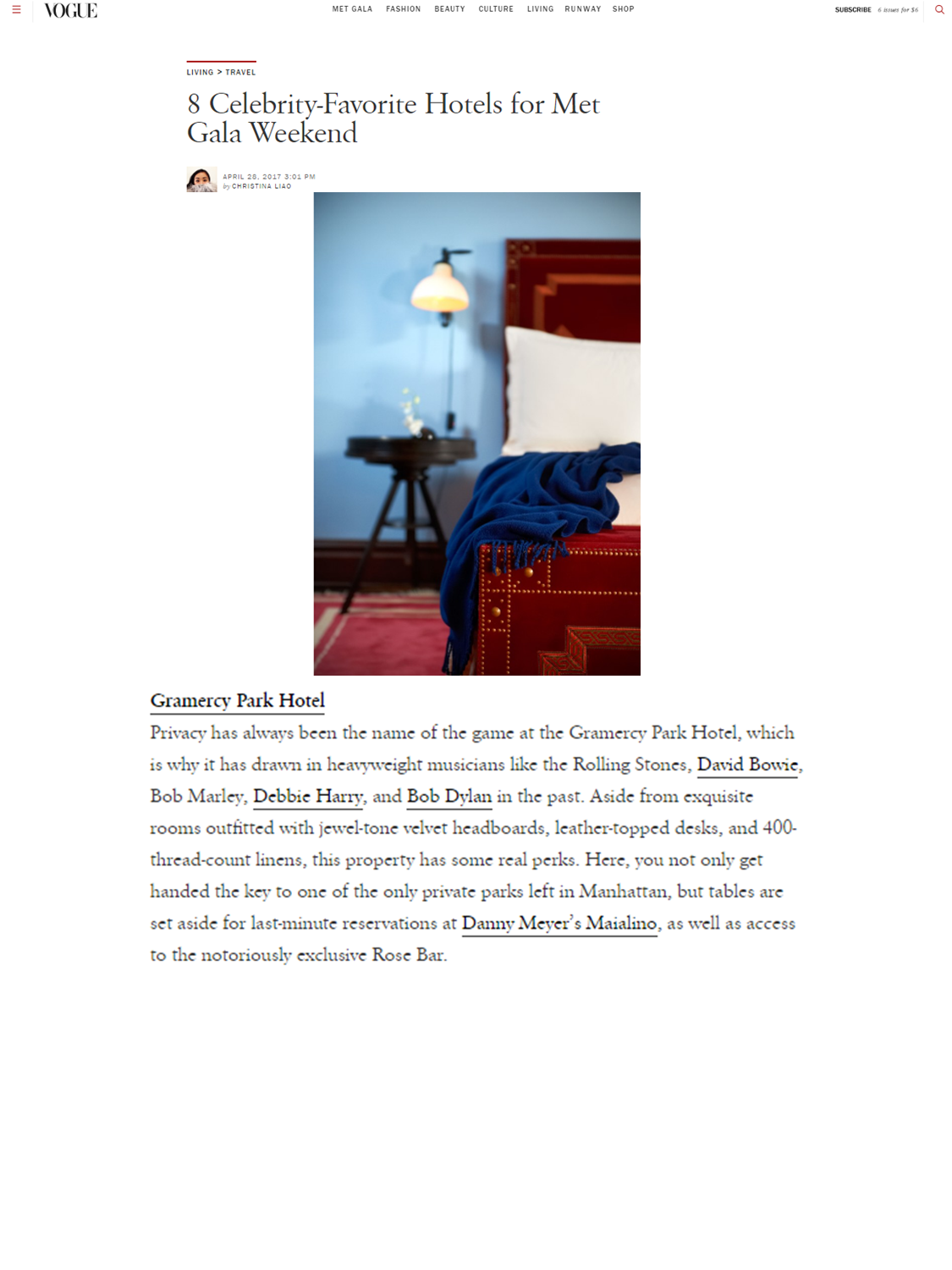 Gramercy Park Hotel Featured in Vogue