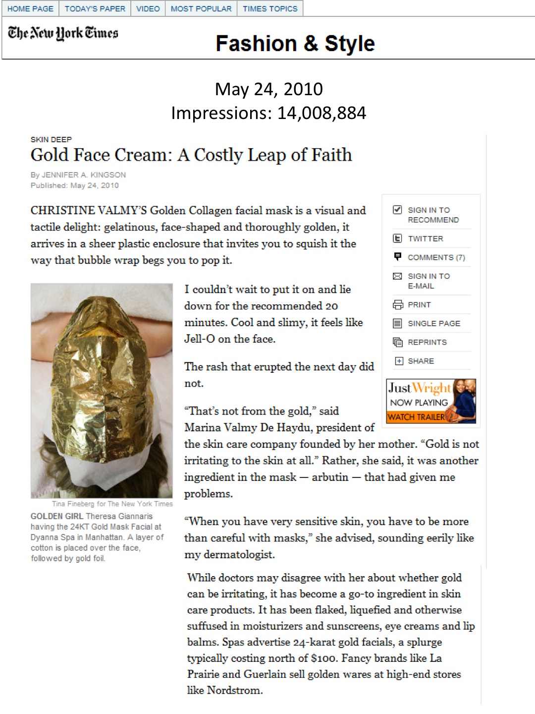 Dyanna Body & Nail Spa's 24 Karat (24Kt) Gold Facial Featured in the New York Times! (Beauty PR)