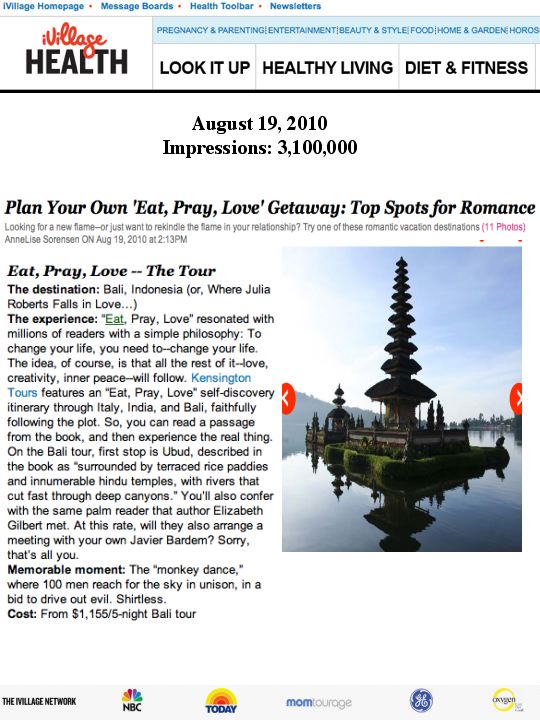 Effect of Film on Travel Public Relations! KT's Eat, Pray, Love Tour Generates Major Buzz