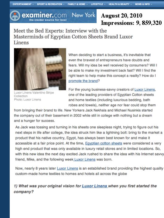 Luxury Lifestyle PR: Luxor Linens Egyptian Cotton Sheets on New York Examiner.com