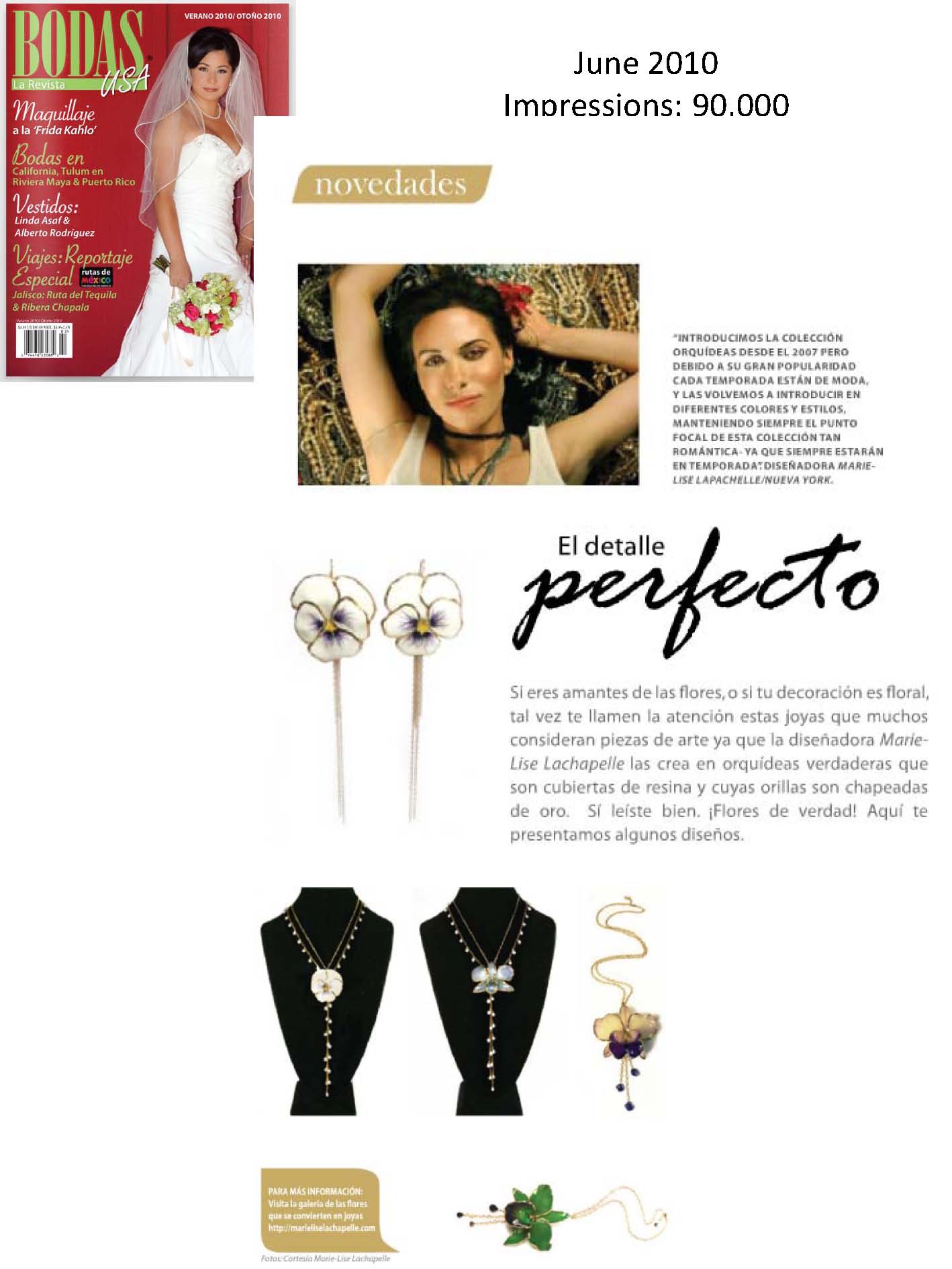 Marie-Lise Lachapelle's Gorgeous Jewelry Receives a 1-Page Spread in Bodas USA Bridal Magazine (Fashion PR)