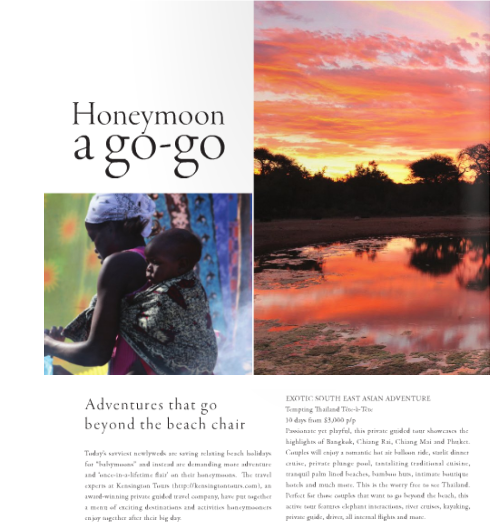Sophisticated Living Features Kensington's 'Adventurous' Honeymoon Packages in Summer 2011 issue (Travel PR)