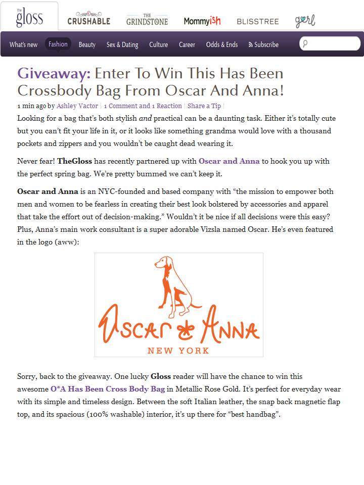 Oscar and Anna Handbag Giveaway on TheGloss.com