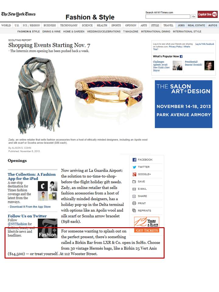 The New York Times Highlights LXR & Co in "Shopping Events Starting Nov. 7"