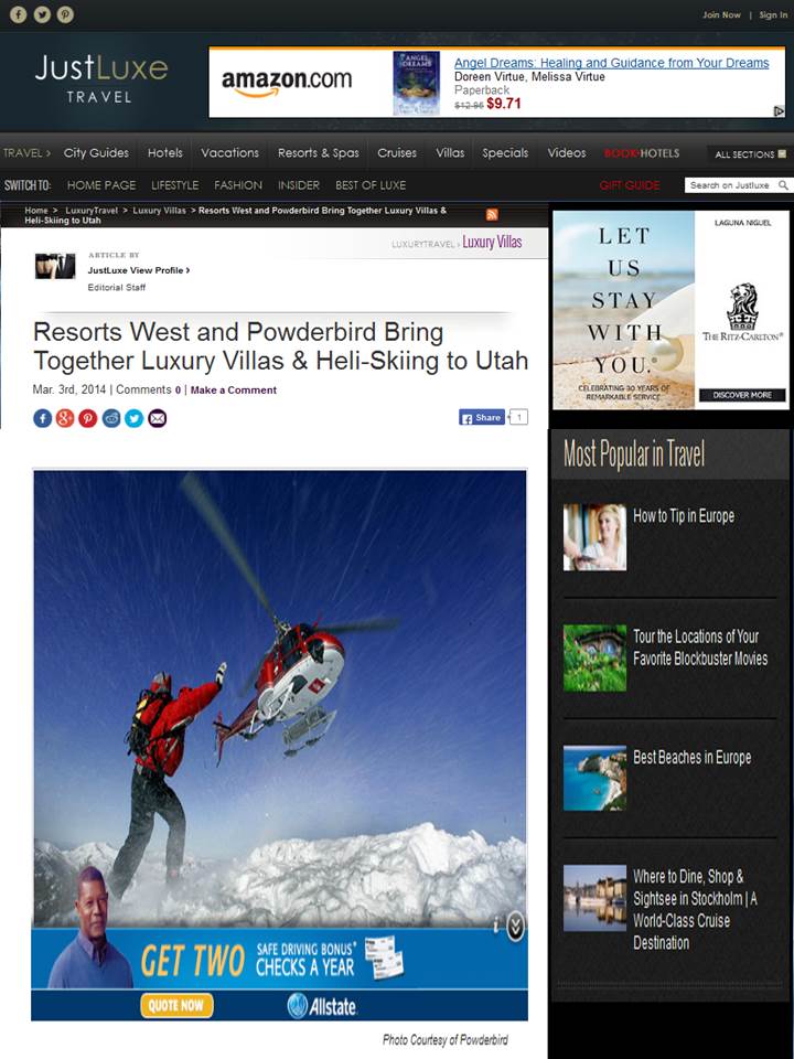 Resorts West's "Heli-Ski" Package featured on Justluxe.com